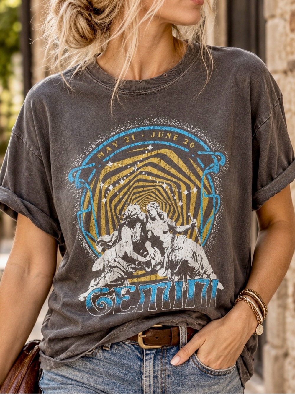 Girl Dangerous Gray Gemini Tee Zodiac Graphic Distressed T-Shirt Small